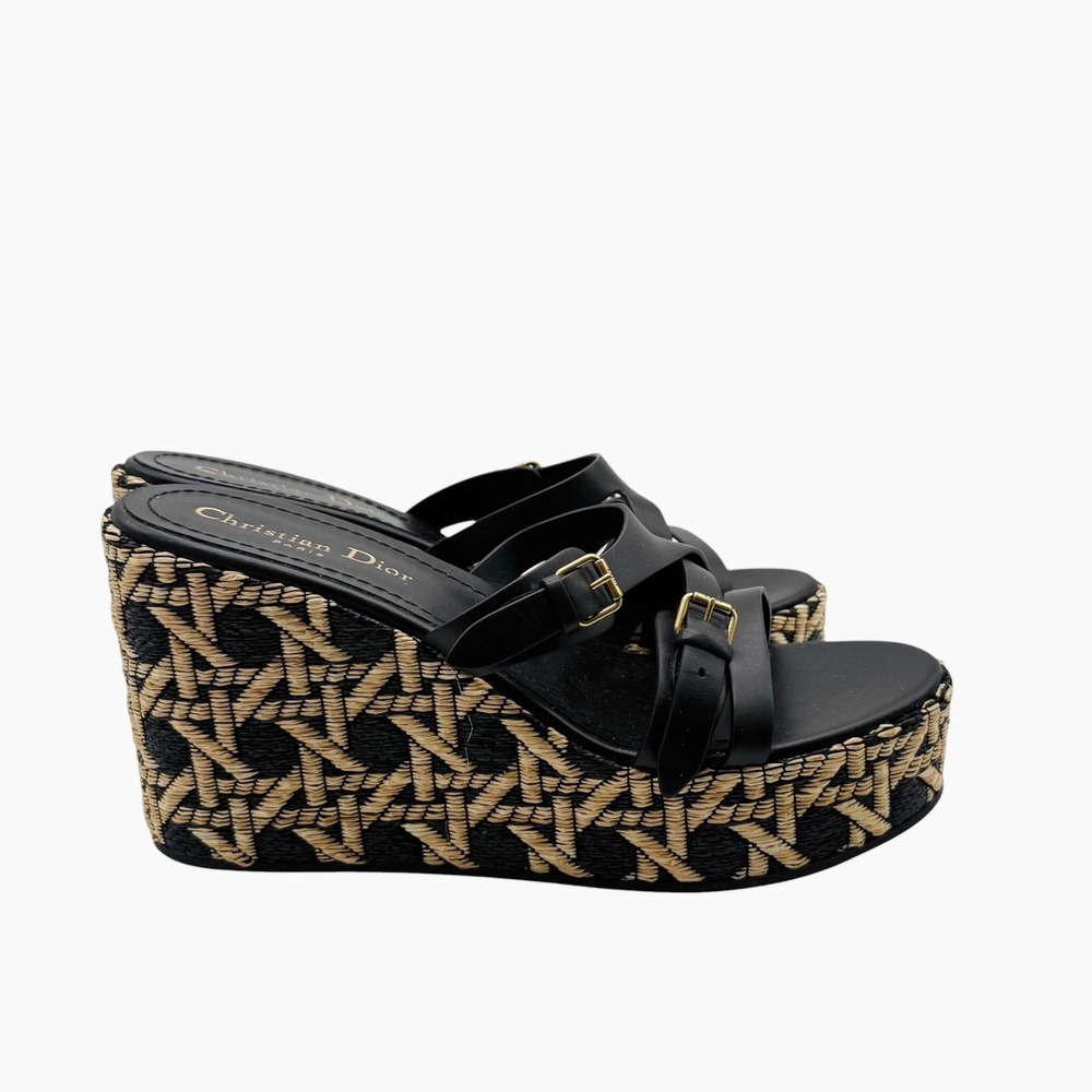 Christian Dior Black Leather D-Buckle Raffia Wedge Platform Sandals 38.5